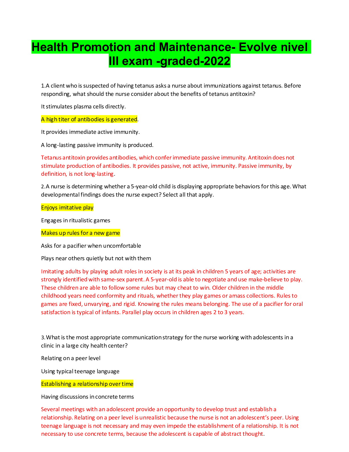 Preview of Health Promotion and Maintenance- Evolve nivel III exam -graded-2022